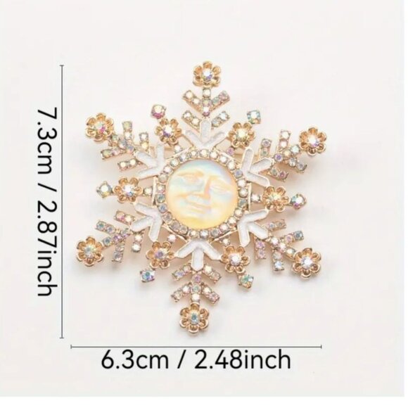 Moon Face Snowflake Brooch Pin With Rhinestones & Iridescent Accents - Picture 2 of 2